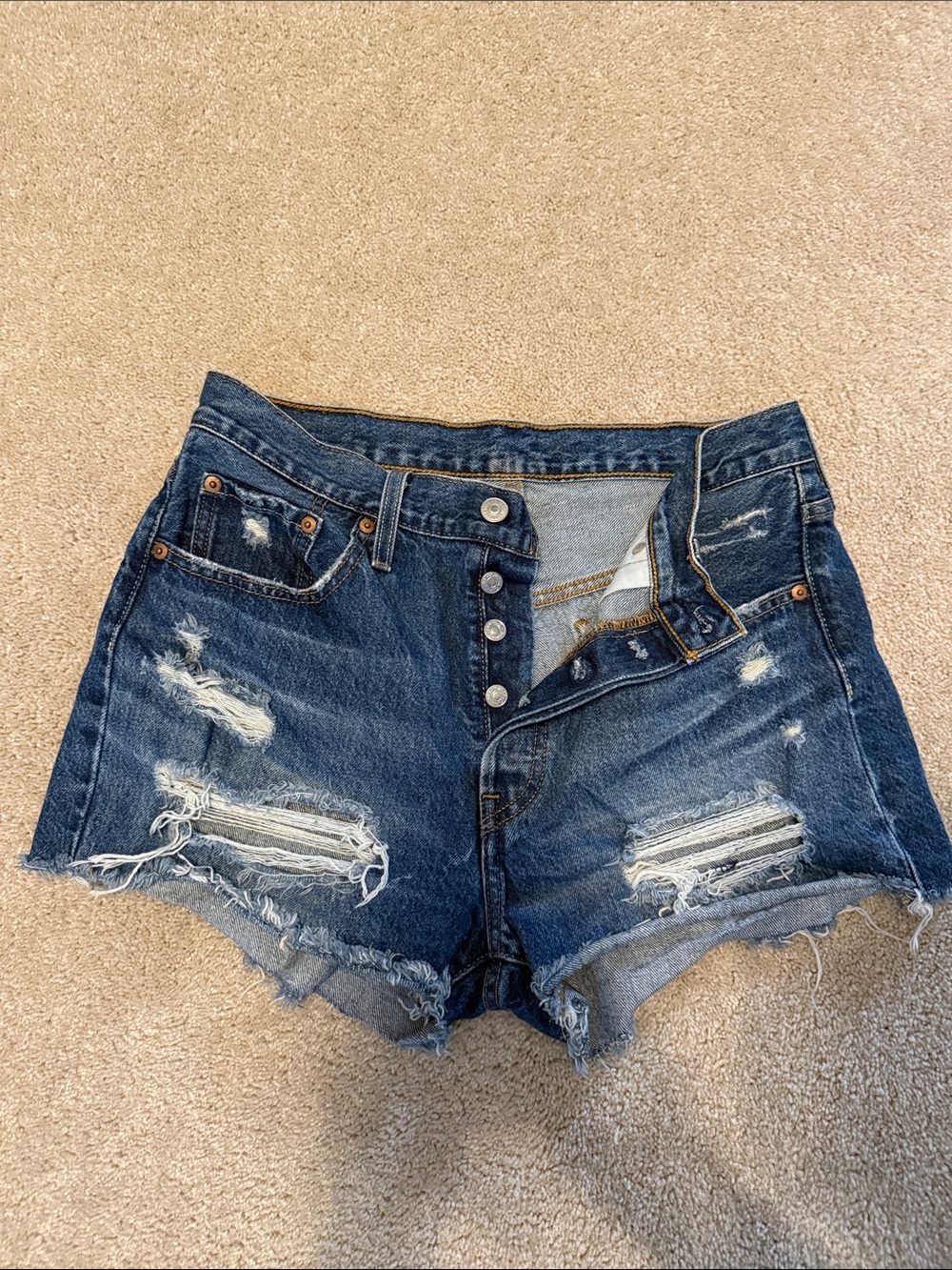 Levi's Dark Blue Distressed Button-Fly Denim Shorts